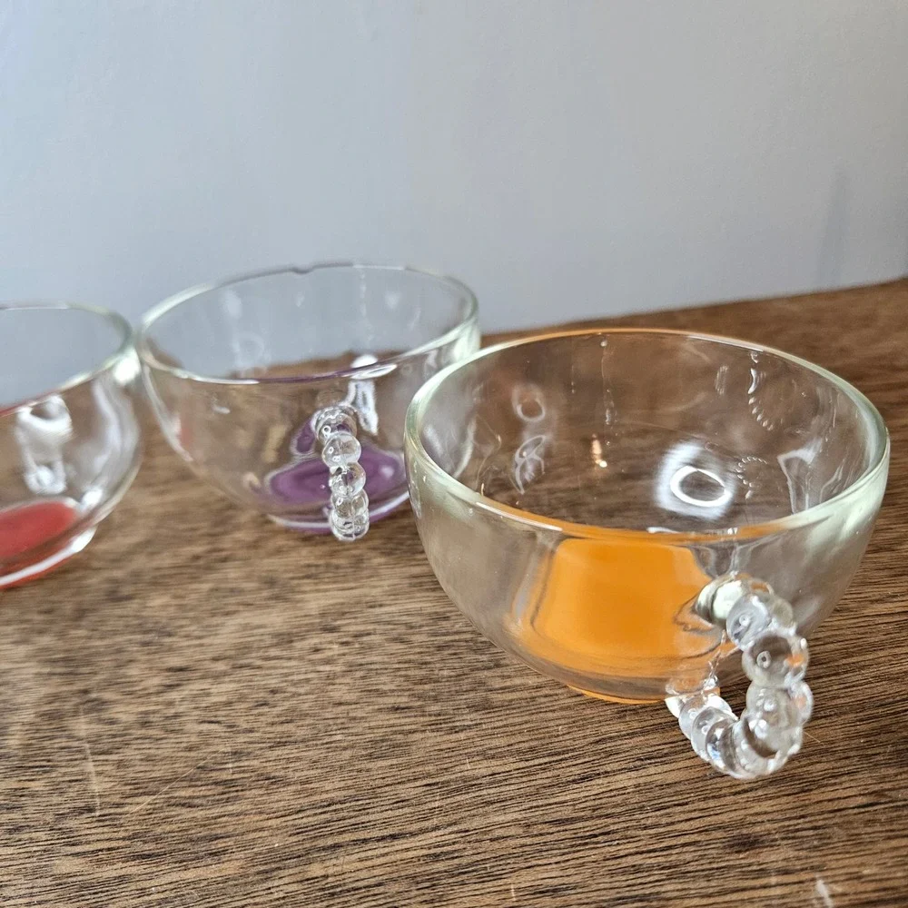 Set of 4 Hand Blown Glass Tea Cups Hobnail‎ Handles Multicolor Base Bohemian Vtg